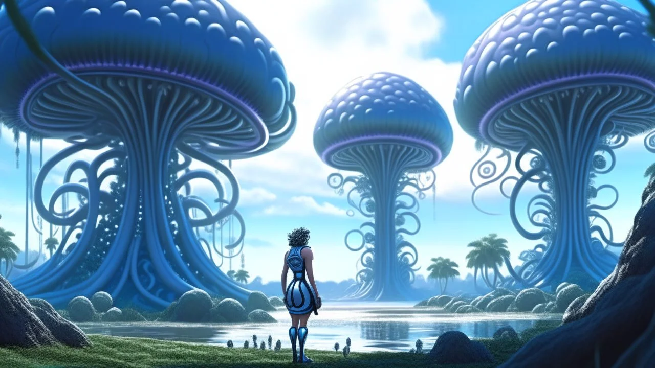 Wide-angle shot of a woman, standing on the right side of an alien beach, with dark hair in a silver robotic catsuit, lots of large floating mushrooms with long tentacles, alien jungle trees in the distance