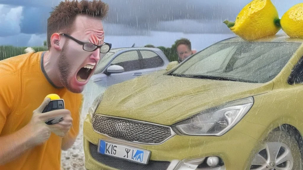 guy in hurricane arguing on phone next to his kia sportage made out of lemons