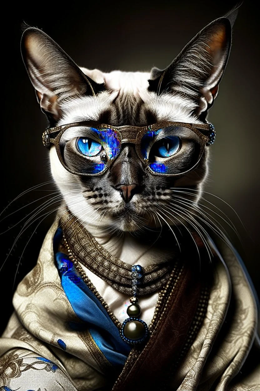 Prompt: the real awesome Siamese Cat queen in regals wearing reading glasses portrait 1600s