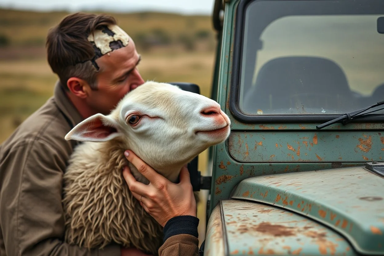 a portrait of a broken head mechanic, kissing a hybrid mixed body part sheep, fixing (far away old land rover 4x4 discovery 2) in the countryside