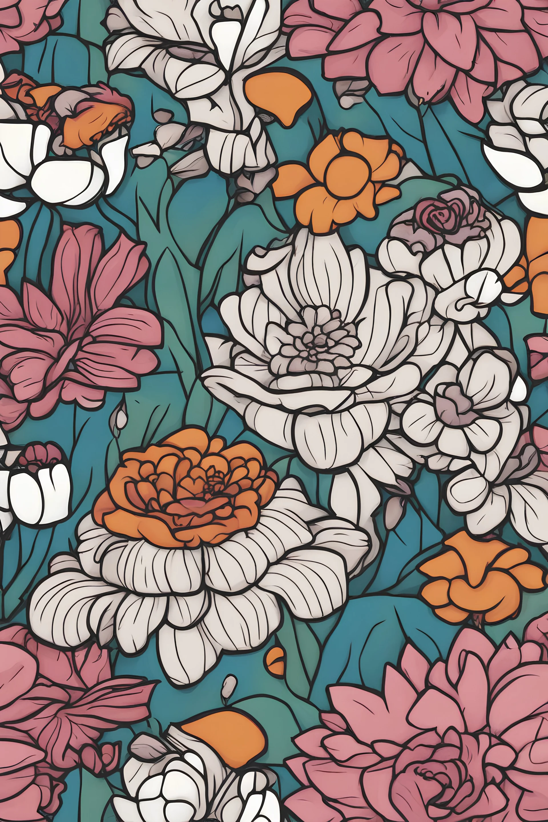 flowers cover, cartoon style, thick outline, low details, Vivid Color