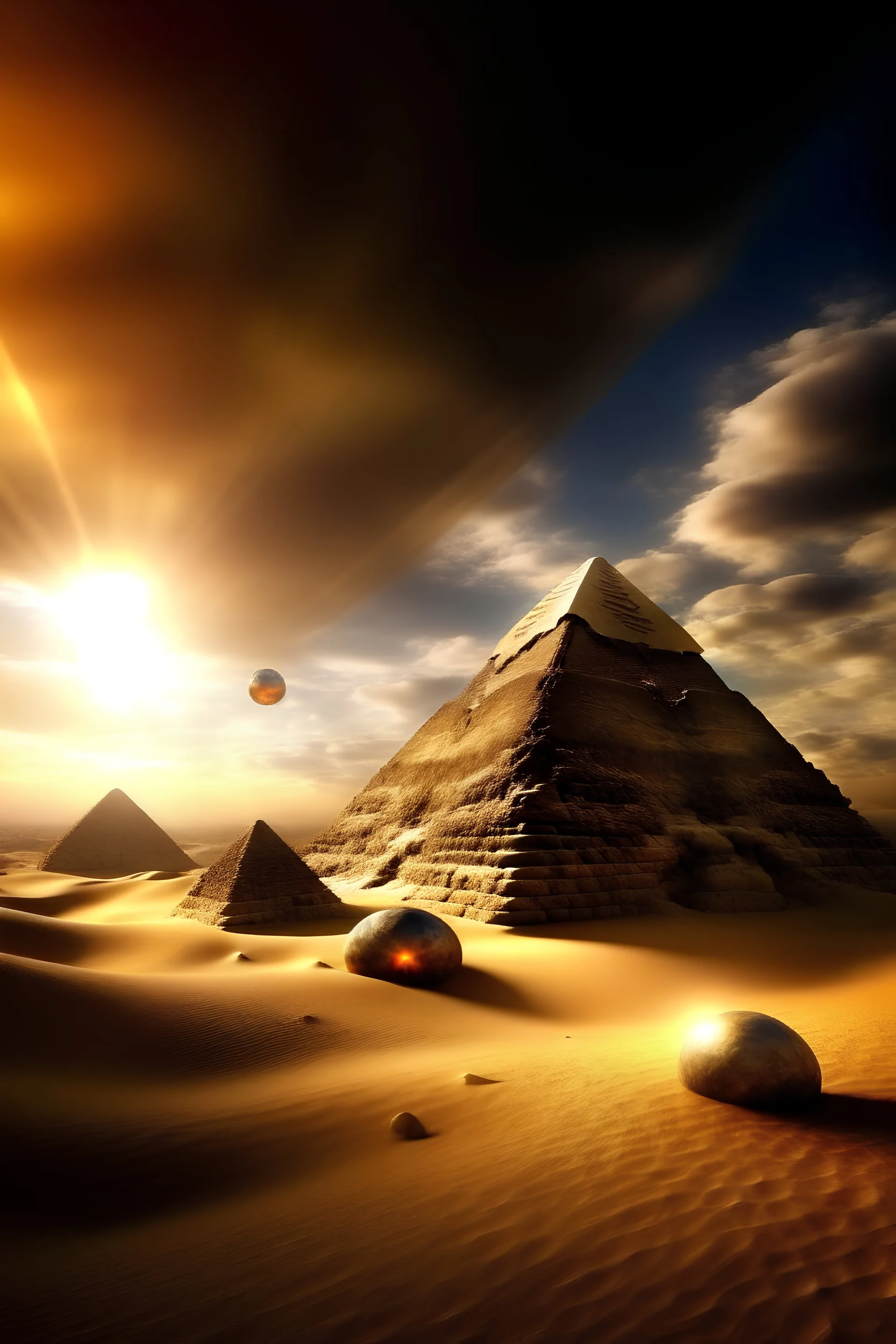 Pyramids, sky, planets, sunlight