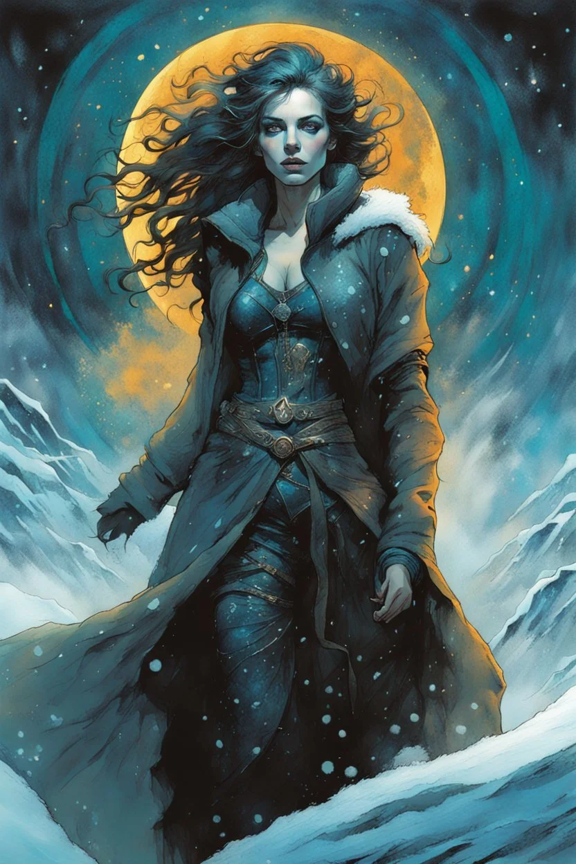 create a highly detailed high fantasy portrait illustration of a sensual sorceress clothed in hoarfrost, amidst a swirling blizzard on the eve of Samhain under the watch of a baleful moon in the graphic novel style of Bill Sienkiewicz, with highly detailed facial features and clothing, with an otherworldly and ethereal background by Van Gogh