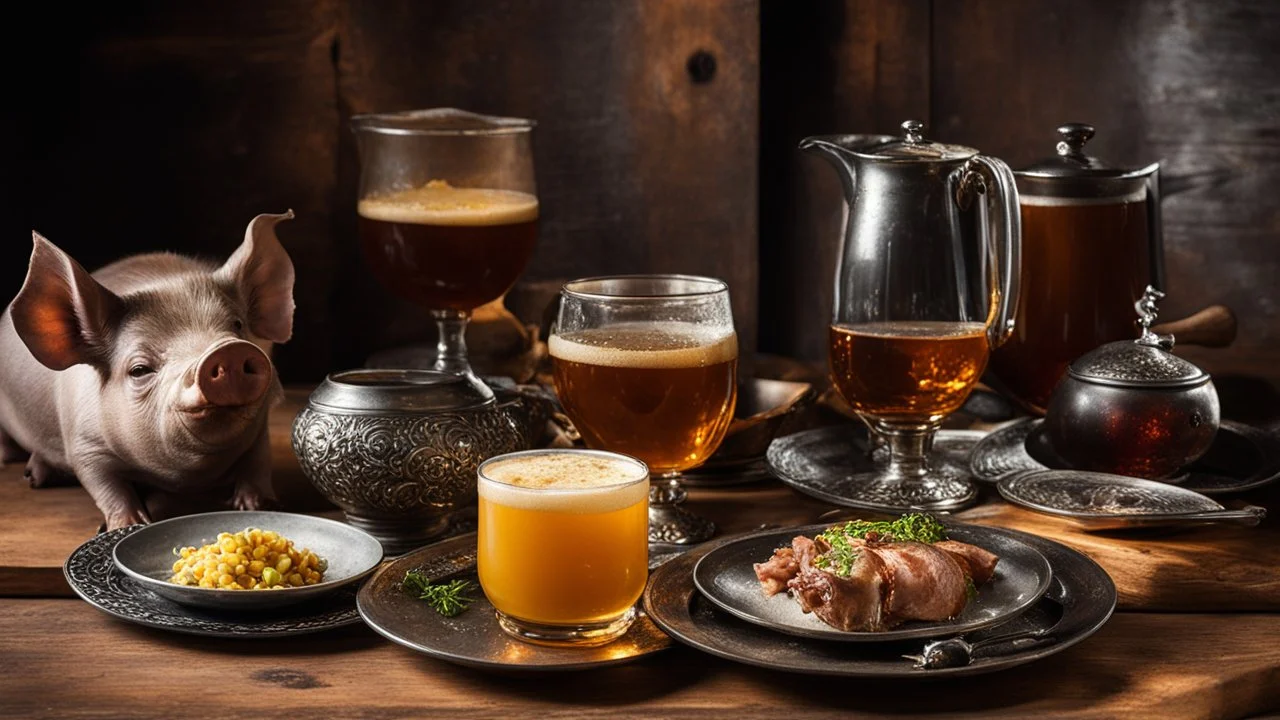 142857, delightful, sensitive, delicious food, banquet, pewter tankards and pewter plates, pewter mugs, pewter cups, beer, ale, confident, night, darkness, architecture, filled with delicious food, splendid cooked pig's head, award-winning photograph, beautiful composition, chiascuro