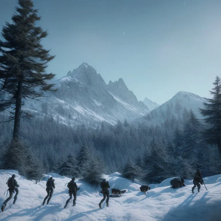 Five people hunting in a snowy forest, sense of fear, mountain hut in the background, Alps, night, 8k, HD, cinematography, photorealistic, Cinematic, Color Grading, Ultra-Wide Angle, Depth of Field, hyper-detailed, beautifully color-coded, insane details, intricate details, beautifully color graded, Cinematic, Color Grading, Editorial Photography, Depth of Field, DOF, Tilt Blur, White Balance, 32k, Super-Resolution, Megapixel, ProPhoto RGB, VR, Halfrear Lighting, Backlight, Natural Lighting