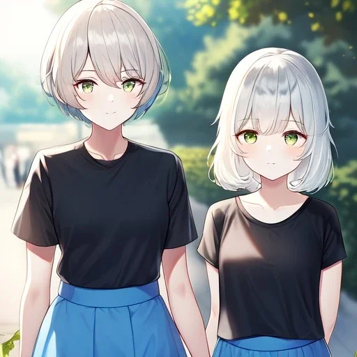 Clear focus, High resolution, light grey short hair, dark green eyes, wearing a black t-shirt and blue skirt, fluffy hair