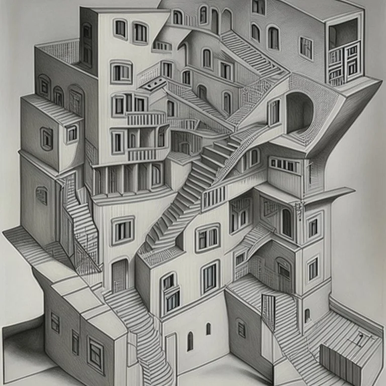 A building in 3 axis with stairs upside down and in several spacial dimensions and directions by artist "Escher" and "Tichenor"