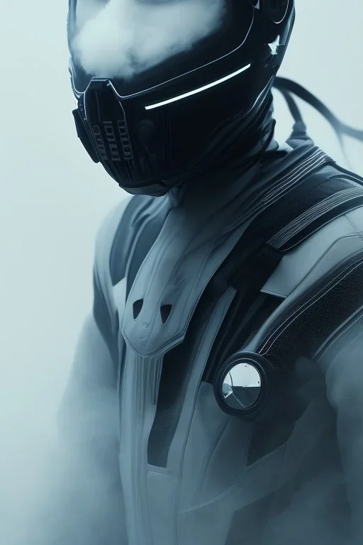 All Black racing suit AnnaSophia Robb, portrait, ghost mask, wearing high tech mask, white smoke, dark, rage, sorrow, high definition, ultra 8 k, volumetric lighting, blue fire, fog