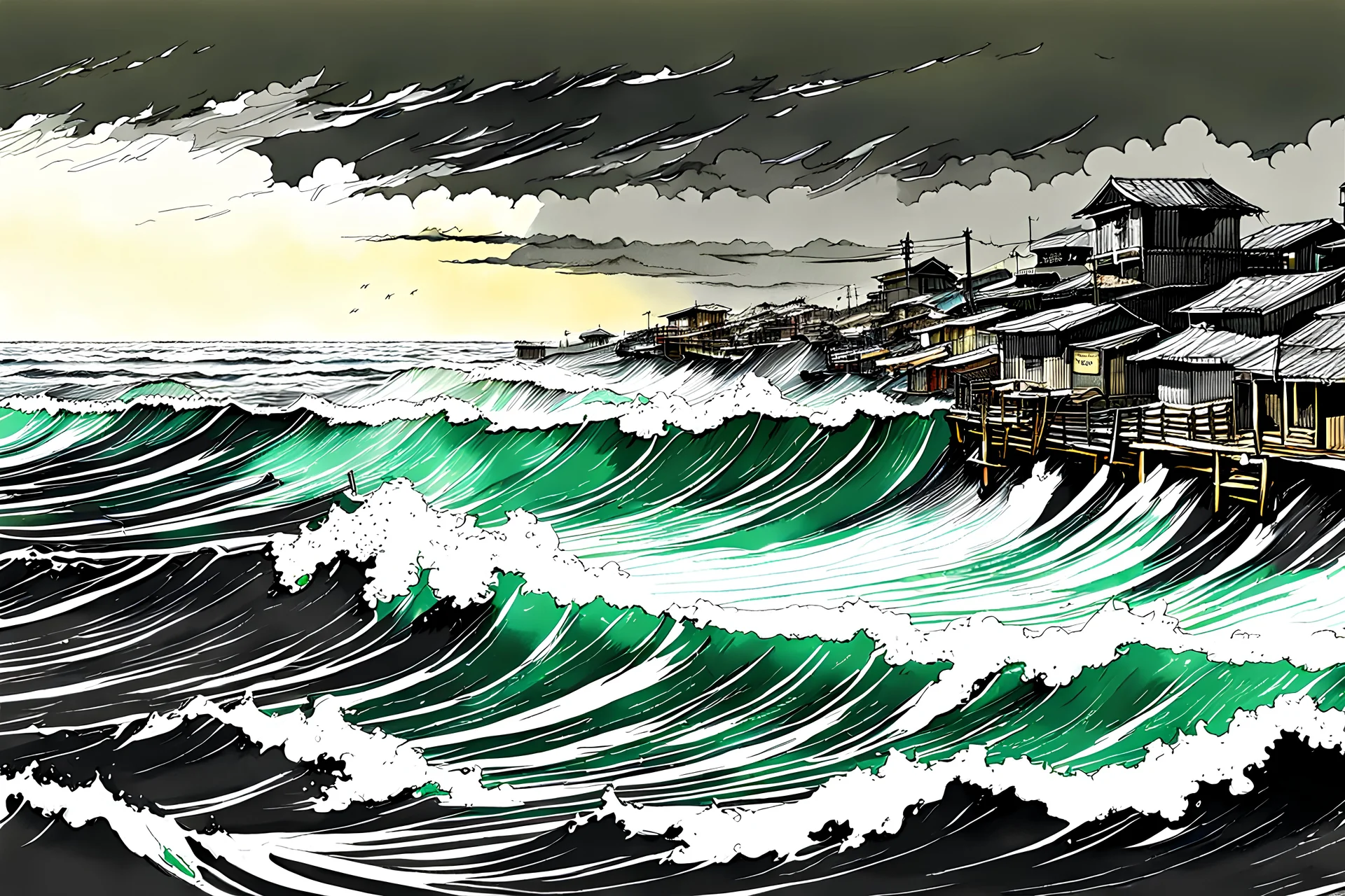 a storm tossed coastal fishing village with ominous thunderheads and pounding surf illustration by Yoji Shinkawa , finely drawn and inked, 4k, hyper detailed and vibrantly colored