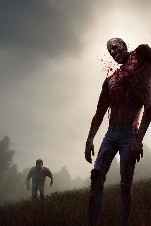 realistic image, joe biden zombie, zombie posing, arm cut and bleeding, amputated leg, night, walking with a limp, waist up view, dark ambient, highly detailed, sky background, concept art, unreal engine 5, god rays, ray tracing, RTX, lumen lighting, ultra detail, volumetric lighting, 3d, finely drawn, high definition, high resolution.