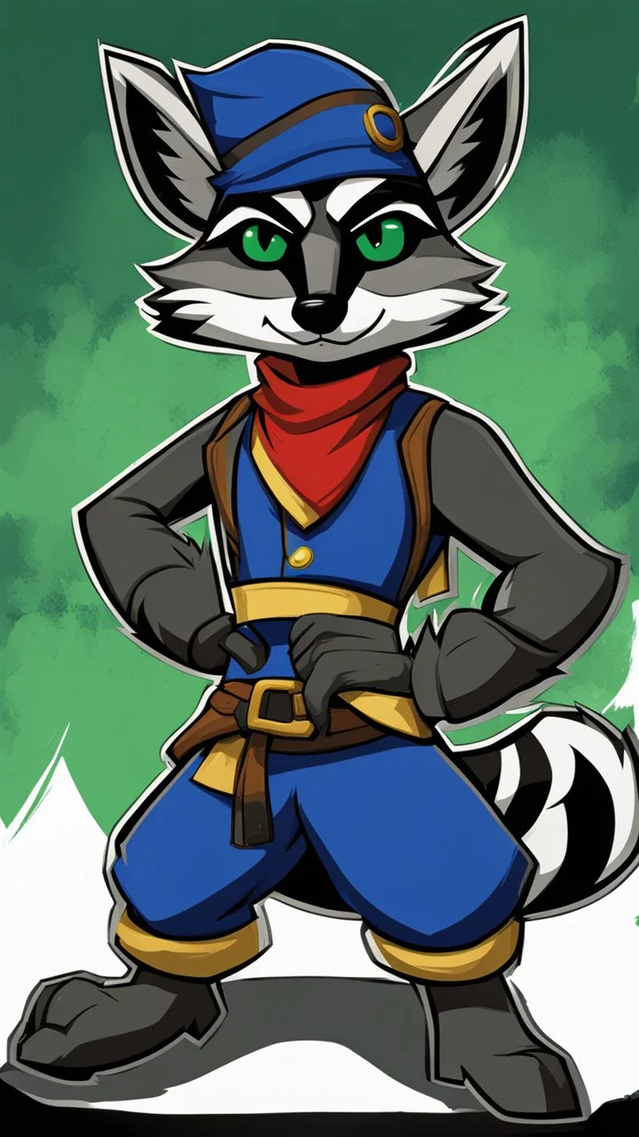 Make a Sly Cooper: Thieves in Time styled oc. He is a raccoon with sleek, charcoal-gray fur and emerald-green eyes. He has a sly and mischievous expression, with a black mask-like pattern around his eyes. He wears a tattered, dark blue bandit's outfit with a red sash and a feathered hat that adds to his roguish charm. He also sports a leather pouch at the base of his tail for carrying stolen treasures.