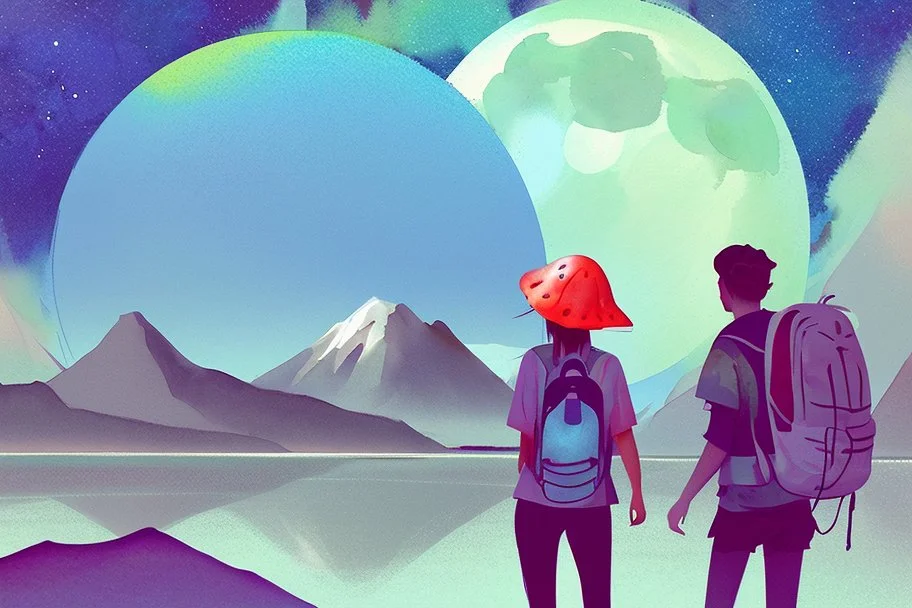 illustration concept art water color style for teenagers in other planet watching the moon and mountains having adventure two teenagers are walking mystery weird cretures mushroomsexiting