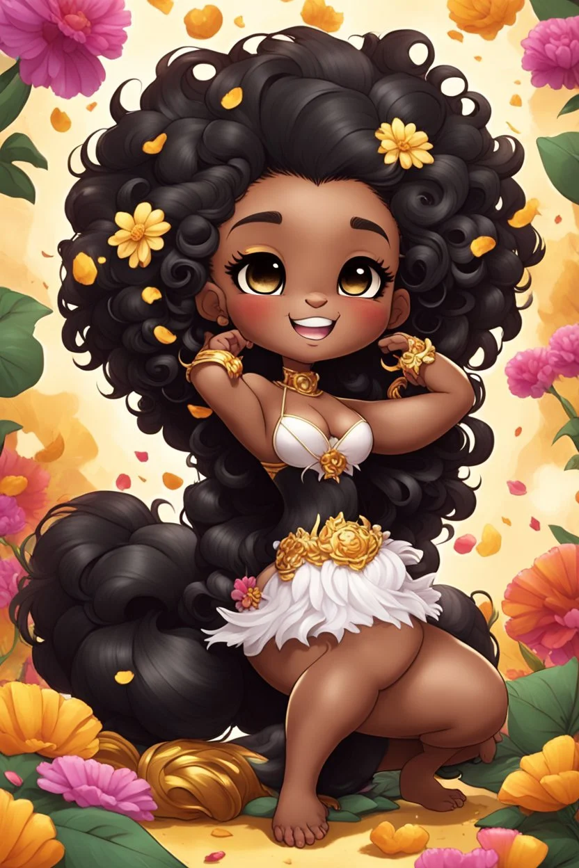 A sassy thick-lined airbrushed cartoon black chibi girl lounging lazily on her side, surrounded by flower petals. She has a golden lion tail curling playfully behind her curvy body. Looking up coyly, she grins widely, showing sharp lion teeth. Her poofy hair forms a mane framing her confident, regal expression.