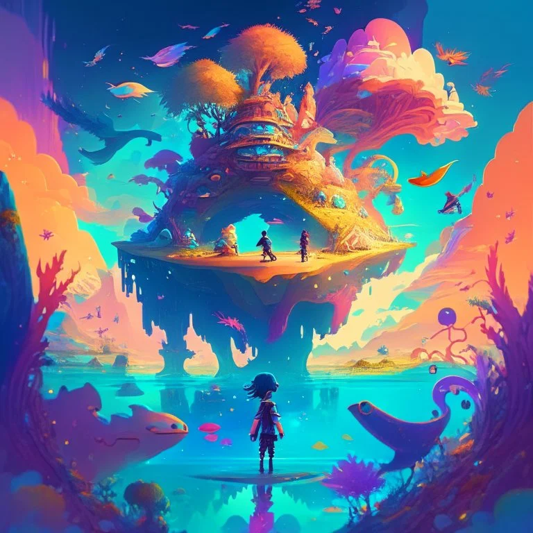 A vibrant, inspired illustration of a magical, dreamlike world, with floating islands, enchanting creatures, and a young protagonist embarking on a journey of self-discovery, evoking the imaginative and emotional storytelling found in animated cinema, 4k, high resolution, full details