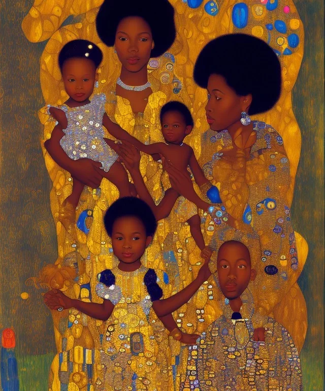 royal African American young family of four by Gustav Klimt