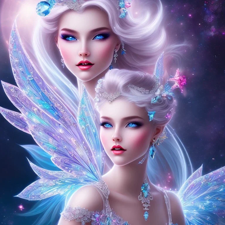 bright ice fairy, beautiful portrait, flowery landscape