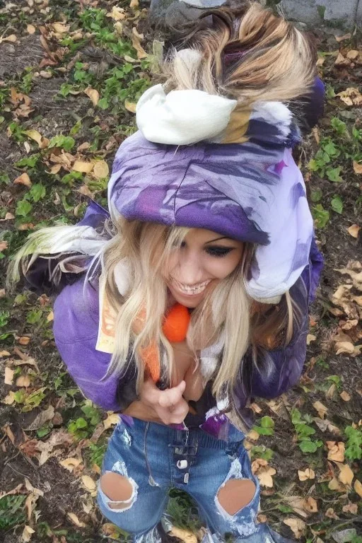 blonde taking selfie.thick thighs,thick calves,flat belly,curvy fell. big head. Mantle is sewed of upcycled Denim and sewed together of camouflage pieces. Pieces' color are orange, cream and purple. It is with big bright purple felt tippet and birght-colored-hood is merged with colorful beanie. Big colored headphones (gold rings!) is merged with small felt cap with small visor. Style: Haute Couture in 1950's Brazil, N.Y.C fashion in 2023