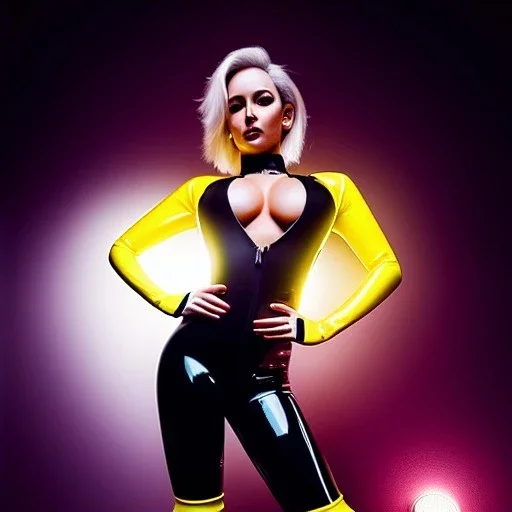 Ultra detailed fullbody Portrait in oil on canvas of beautiful fit busty Android 18 ,wearing minimal skintight latex Black and yellow suit, extremely detailed digital painting, extremely detailed face,crystal clear Big Glowing eyes, mystical colors ,perfectly centered image, perfect composition, rim light, beautiful lighting, 8k, stunning scene, raytracing, anatomically correct, in the style of robert e howard and Ken Kelley and Ohrai Noriyoshi and Simon Bisley and tomzj1