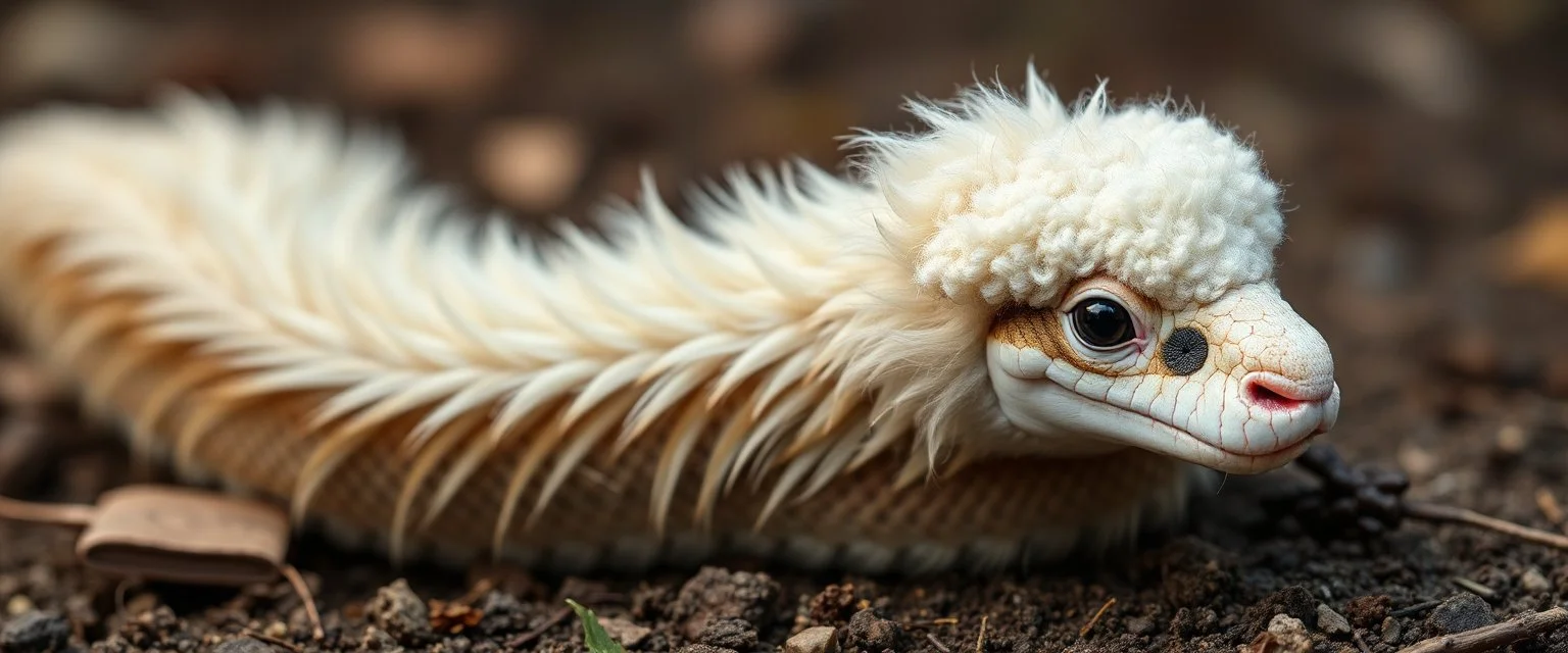 long fluffy slinky snake with a sheeps head