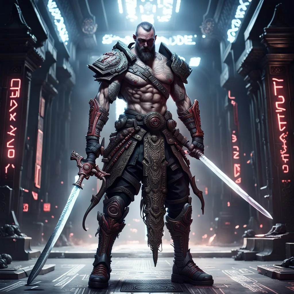 Fhoto full body, reality, Raw, cyberpunk god war, sword, digital art, with text "addie", intricate details, powerful composition, captivating, , trending on artstation, sharp focus, studio photo, intricate details, highly detailed, by addie_digi