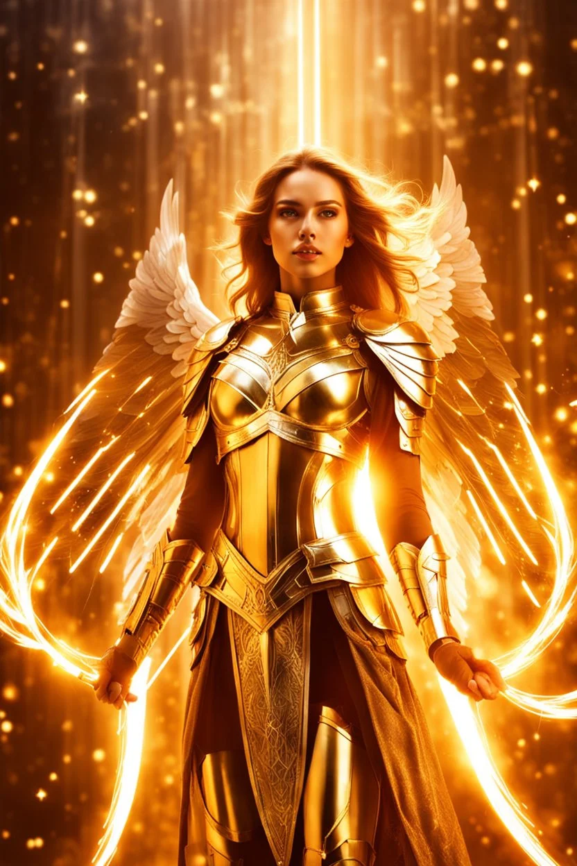 Photograph beautiful Angel woman armor long hair stand face front in impact picture,translucent and glowing metallic patterns,glowing metal objects hovering in the air and surrounding him,Electric arcs and sparks,flow of energy,translucent magnetic lines,golden and shimmering light effects