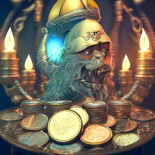 dynamic lighting, Intricately detailed, Splash screen art, deep color, Unreal Engine, volumetric lighting, silver coins, pile of coins, pirate treasure, stacked coins, indoors, candle, altar,