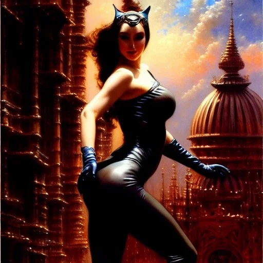 Drawing of beautiful face,'beautiful booty,Busty CAtWoman',intense stare, ancient skintight armor, balanciaga fashion clothe painting by gaston bussiere, greg rutkowski, yoji shinkawa, yoshitaka amano, tsutomu nihei, donato giancola, tim hildebrandt, Oil on canvas, cinematic composition, extreme detail,fit full head inside picture,16k