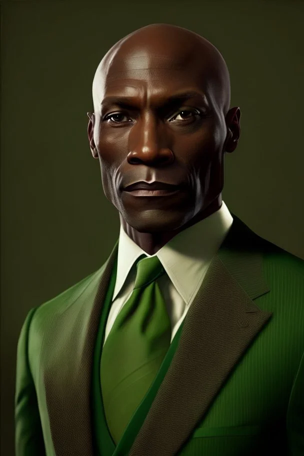realistic Portrait of a man in his late forties. He wears a brown suit and a green tie and he is bald. dark skin. he looks like a politcian