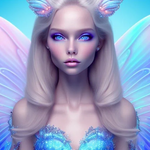  beautiful, soft, whide smile face, long blonde straight hair, blue eyes, fairy wings on the back, transparent crystal blue and pink background, big definition, 8K