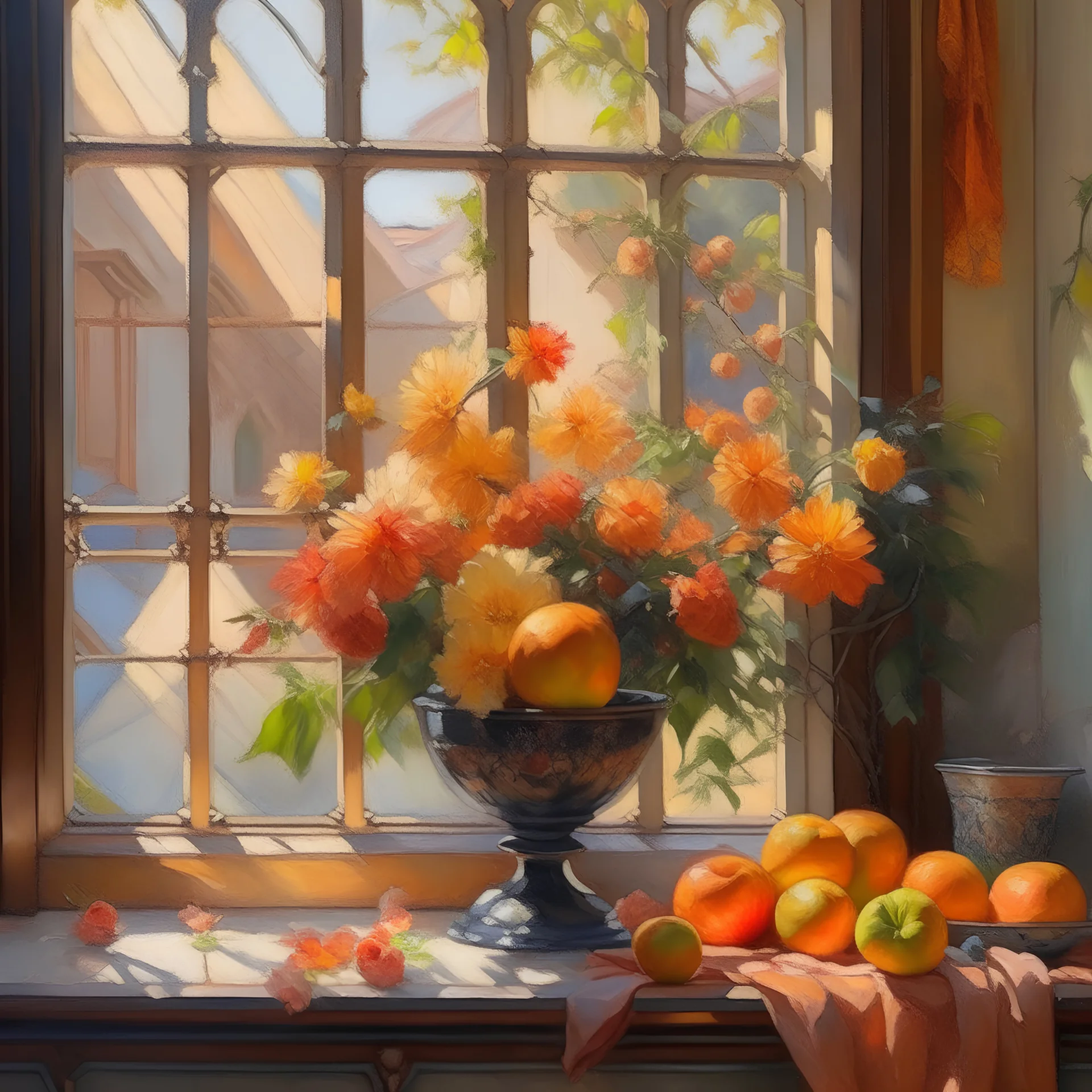 This captivating painting showcases a delightful arrangement of light orange flowers and luscious fruits, gracefully adorning a sun-kissed window sill. Each brushstroke meticulously brings to life the delicate petals and succulent fruits, evoking a sense of opulence and natural beauty. The harmonious blend of colors and textures creates a visual symphony that will effortlessly elevate any space, infusing i
