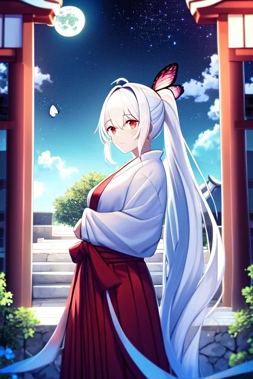 girl, masterpiece, best quality, cinematic lighting, detailed outfit, vibrant colors, perfect eyes, white hair, very long hair, ponytail, red eyes, hakama, shrine, moon, starry sky, plants, stone walkway, lamppost, butterflies,