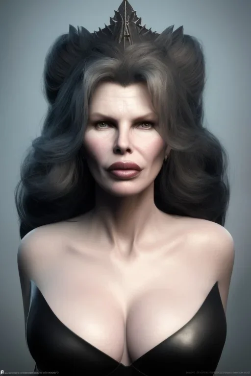 Kim Basinger as evil queen in black leather, busty, cleavage, curvy, angry, stern look. character design by cory loftis, fenghua zhong, ryohei hase, ismail inceoglu and ruan jia. unreal engine 5, artistic lighting, highly detailed, photorealistic, fantasy