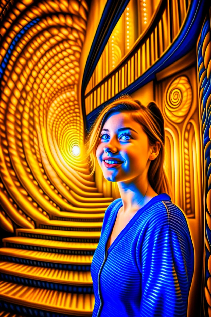 awake inside a dream, woman smiling online in the style of escher, spray paint, photo realism, trending on art station, 8k, depth of field, down light, light rays, volumetric, reflective spiral staircase, blue, yellow, golden brown and orange