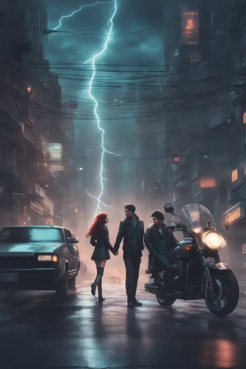 Science fiction, cyberpunk, city street, couple girl and guy, together, love at first sight, forbidden love, storm, lightning, motorcycle