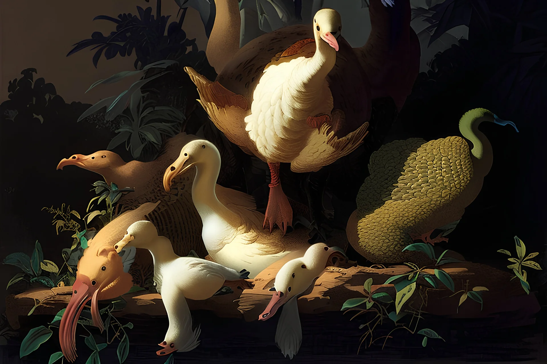 John James Audubon-like illustration of a fully uncropped Dodo bird and a Platypus in a chinoiserie landscape of warm yellows, warm reds, and warm blues