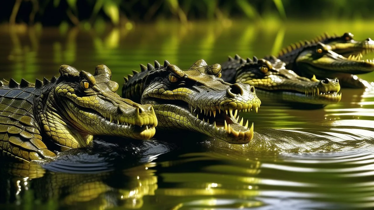 Serene body of water with a group of crocodiles sunbathing, their scales reflecting shades of green and brown. The water should be clear enough for the viewer to see the crocodiles' powerful jaws and sharp teeth beneath the surface. The scene should evoke a sense of tranquility while also conveying the innate danger and awe-inspiring nature of these magnificent creatures. The style could be realistic.