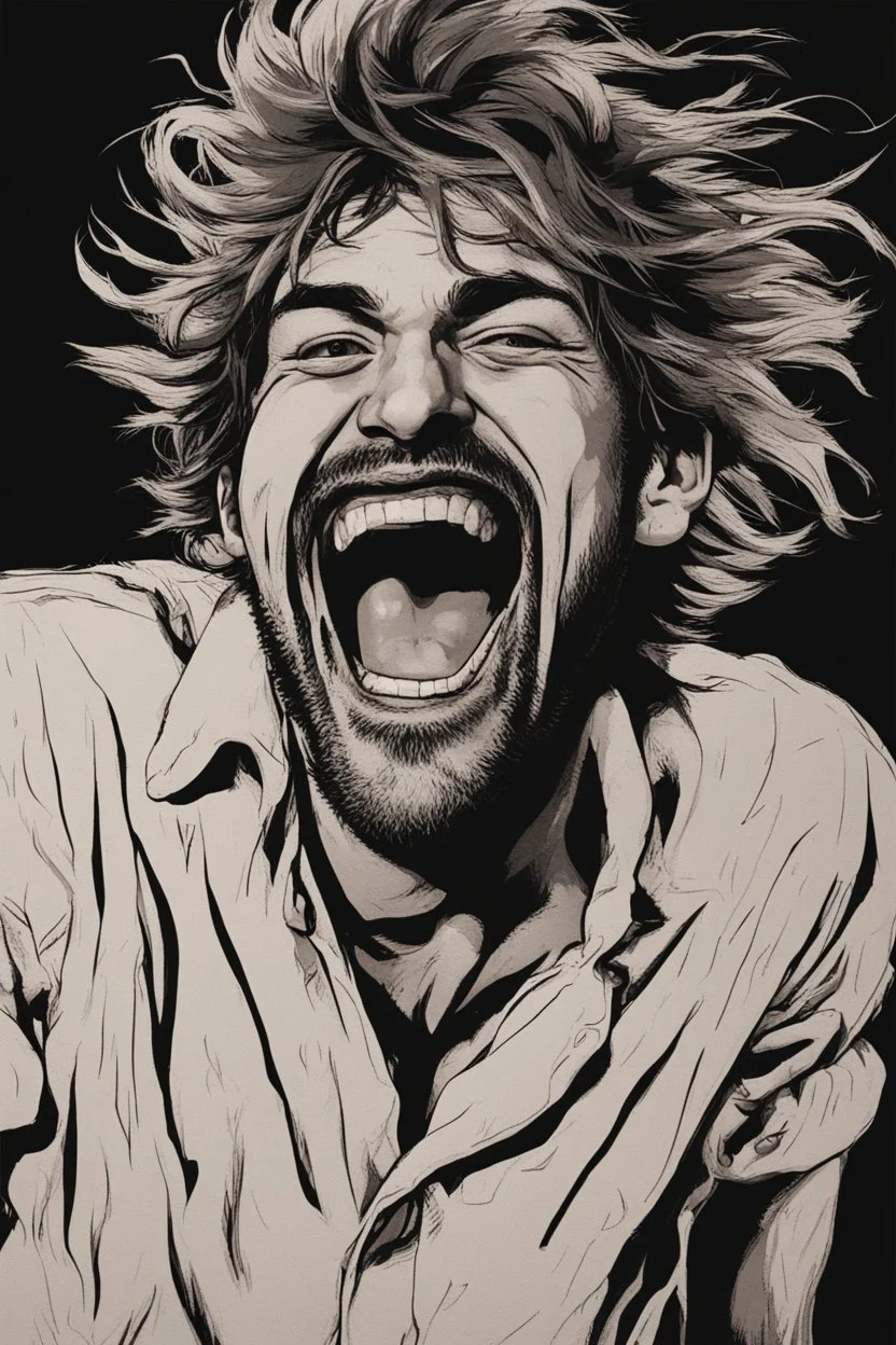 deranged laughing man with messy hair and stubble