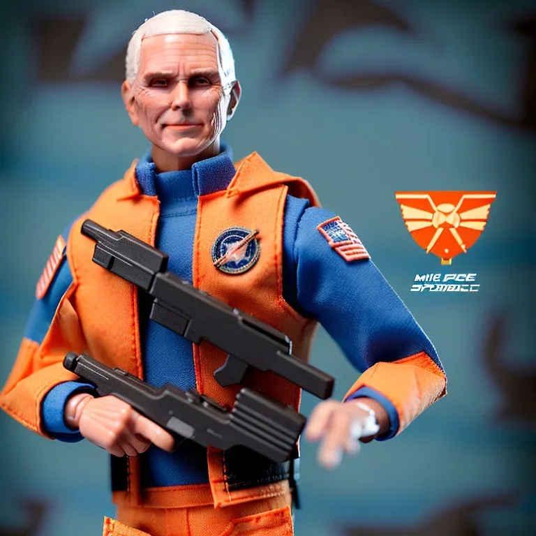 large pile of face Mike Pence G.I. Joe toy Doll spaceforce uniform, orange blue fabric, guns, wall packaging for sale, bright pricetag, finger, empty box