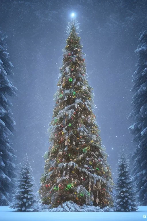 imensa árvore de natal sozinha no meio da floresta a noite, 8k, high texure, intricate, octane render