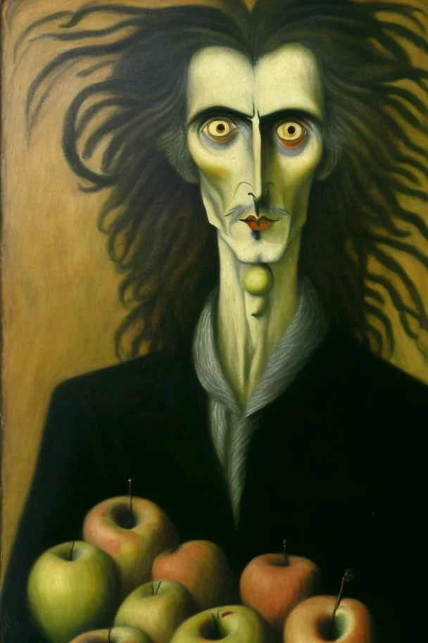 composition hair fully in focus full shot, Leonora Carrington fine detailed oil painting portrait of a man with apples