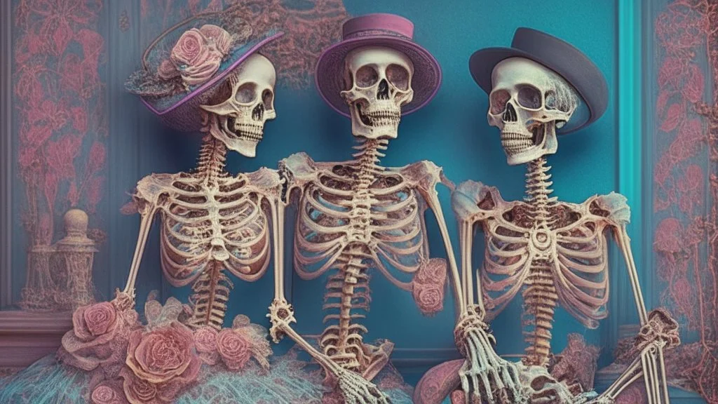 Famous Skeleton Couple Posing together wearing 1920's Hollywood Grandeur; Surreal, Intricately Detailed, Beautiful, Colorful, award-winning, high definition, ultra-detailed, beautiful, rose tones