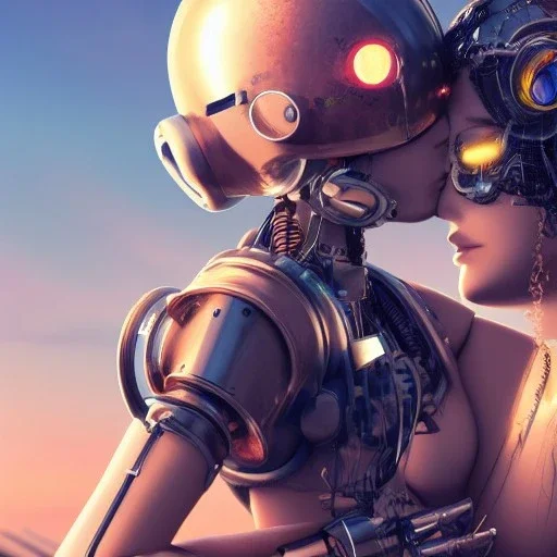 great illustrator, spanish, realistic rendering of a cute spanish girl kissing a beautiful cybergirl. beautiful, simmetric, steampunk style. Helmet with tubes. Girl with wings. Machinery in the background. Robotic bird flying. High details. 4k. unreal engine, sunset