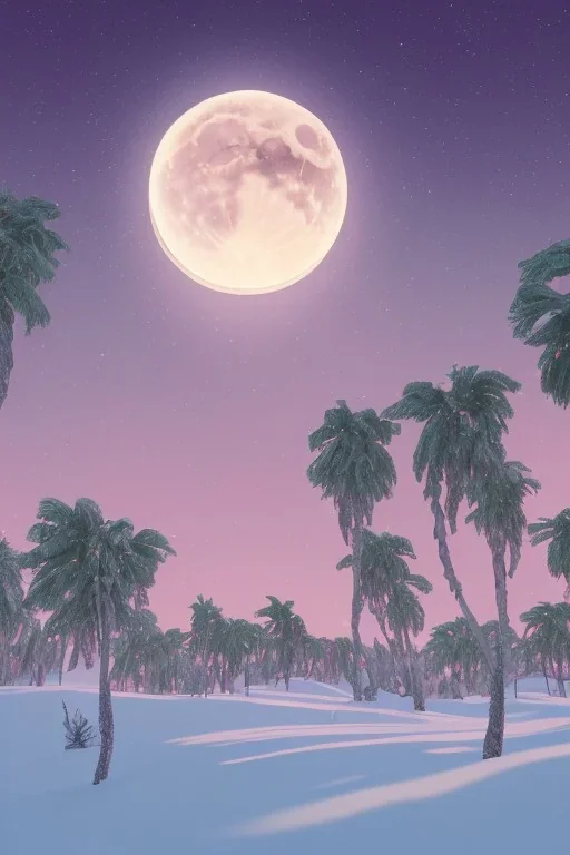 1980's aesthetic vaporwave palm trees with lighting with moon in the winter snow