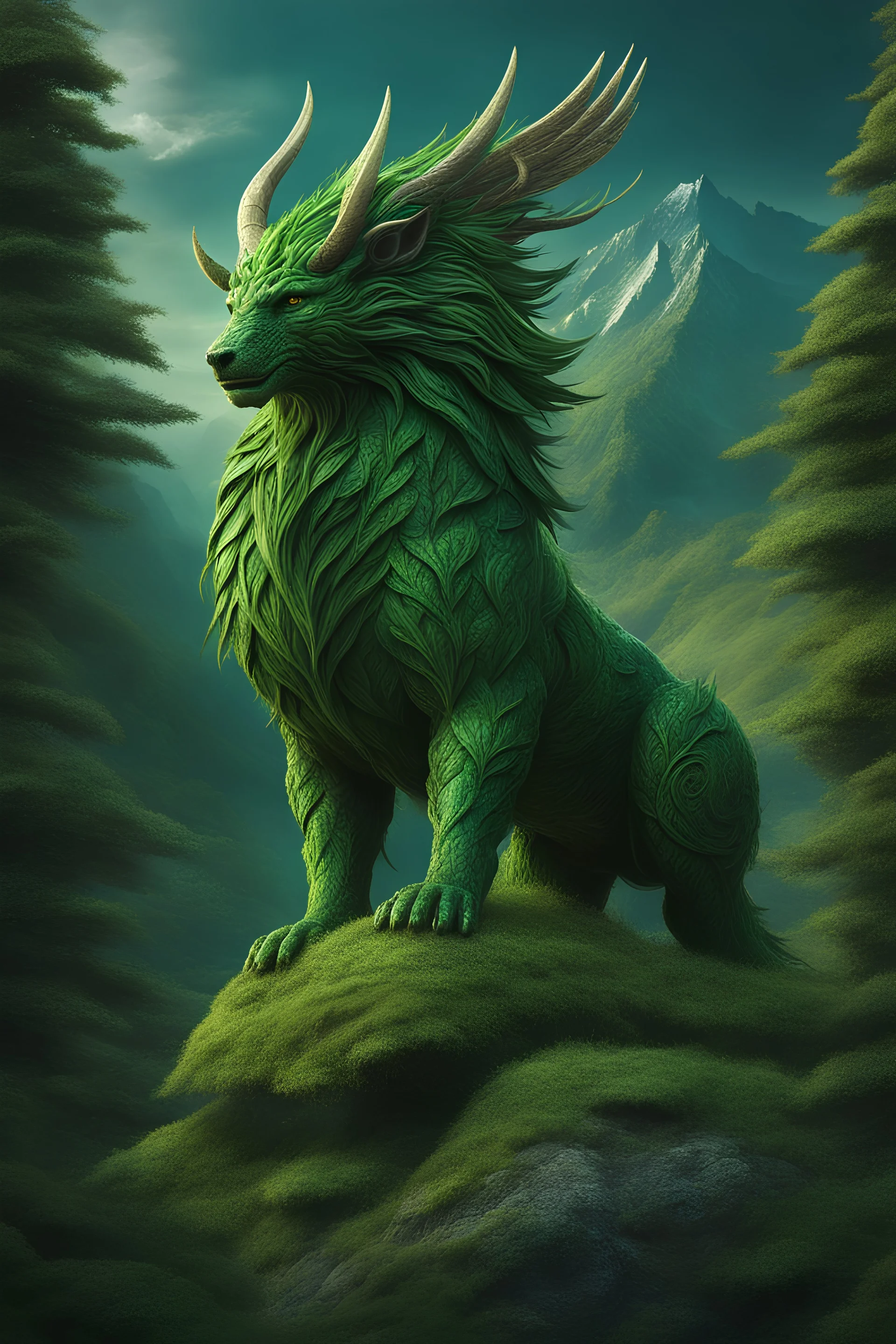 A green mythical creature shaped like a guardian of the high mountain, made of grass branches, leaves and emeralds. Surrounded by legendary peaks at night, voluminous, impressive, unforgettable