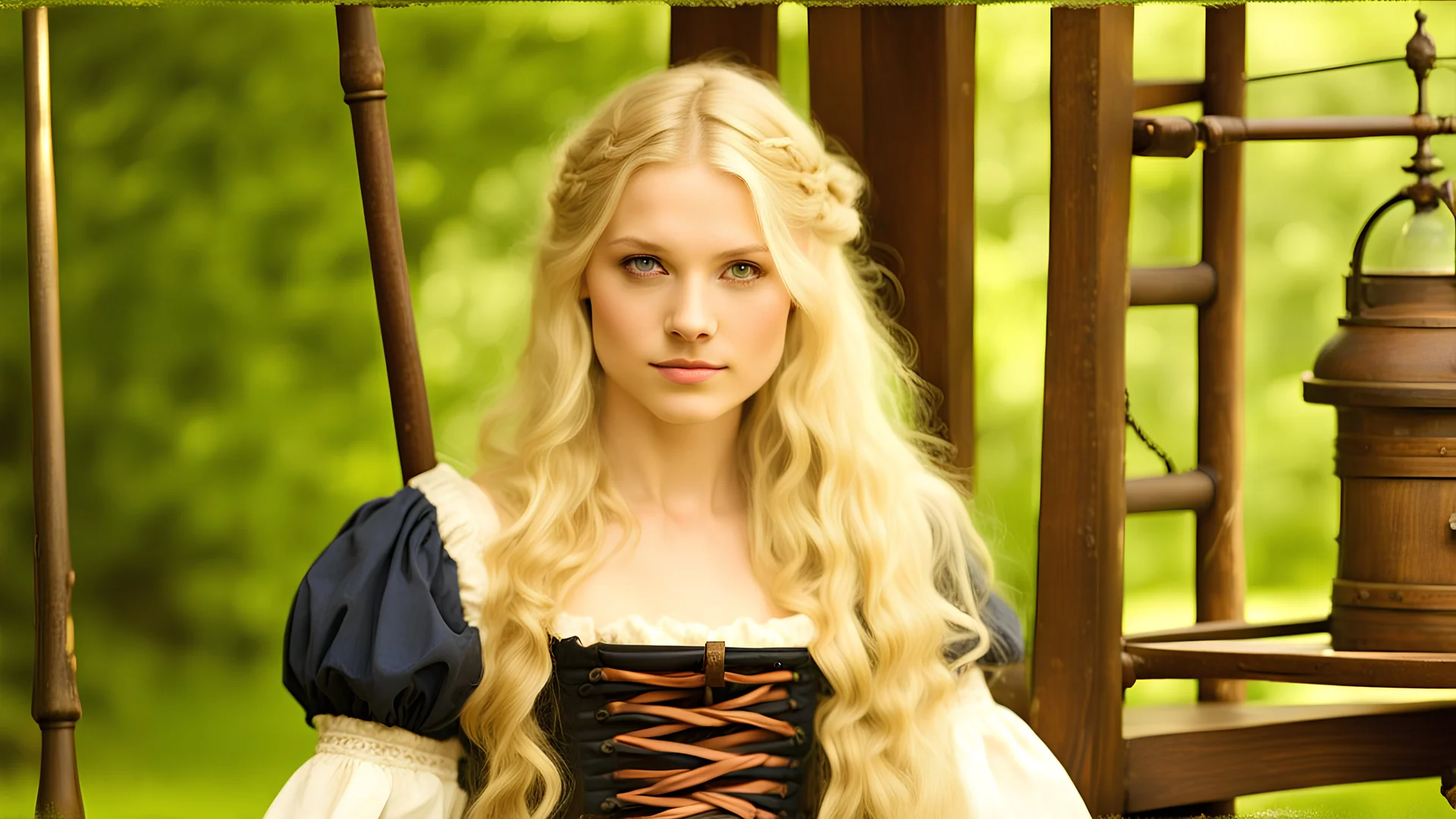 Photo is in sharp focus with high resolution and is a closeup of a beautiful and slender caucasian 17 year old teen girl with long wavy platinum blonde hair. She is wearing a medieval peasant dress with a corset. She is seated at a spinning wheel gazing at the viewer.