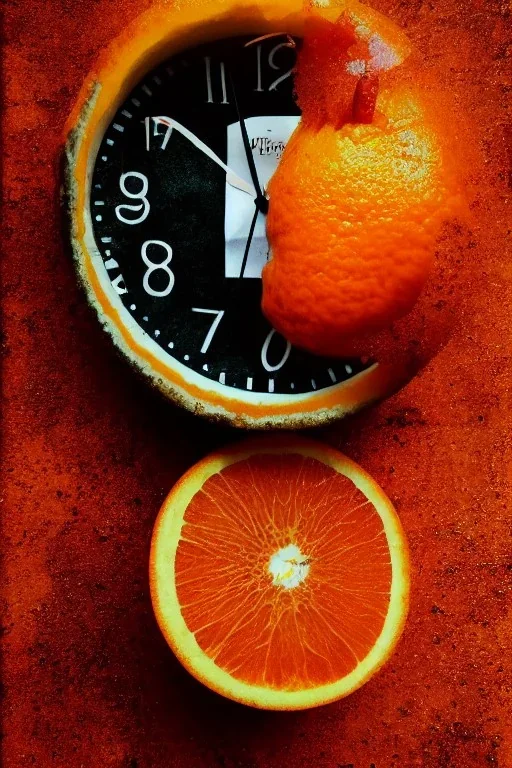 portrait, an orange with a clock embedded in its skin, AbstractTech clockpunk, Food photography, beautiful, delicious food, recipe photography, realistic, natural light, colorful, food art, object photography, vignette, ultra HD