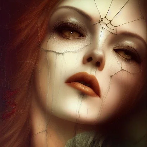 portrait of beautiful dead woman with spiderwebs on face lying on satin pillow, 8k, high-quality, fine-detail, intricate, sharp, crisp, digital art, detailed matte, illustration, octane render, brian froud, howard lyon, Anne Dittman, Anne Stokes, Lisa Parker, Selina French