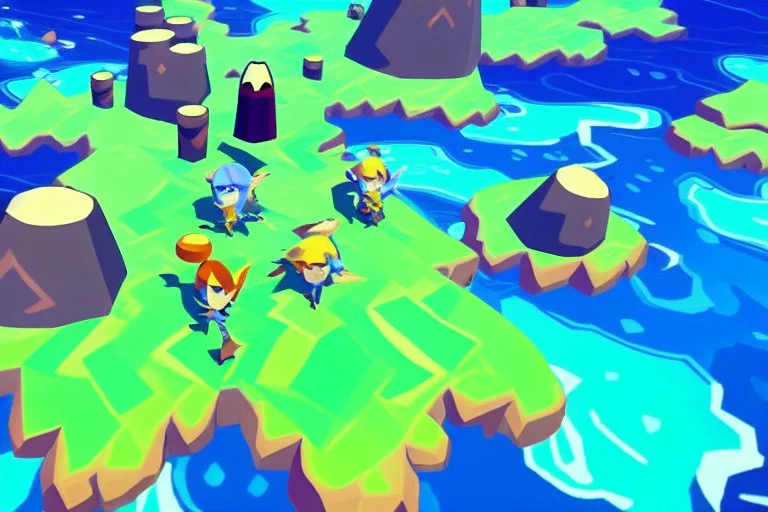 Vast blue oceans, Legend Of Zelda: Wind Waker style, stylized, colorful, adventurous.