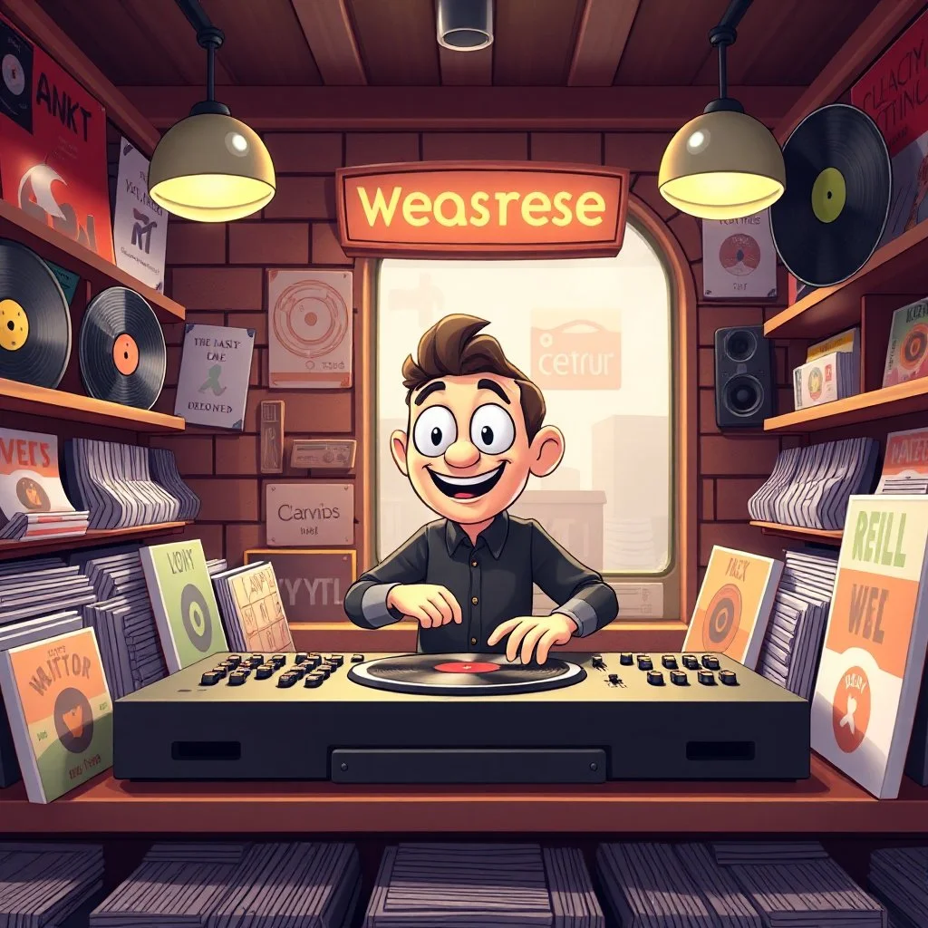 3-d render cartoonish classic inside a dj vinyl record shop record store