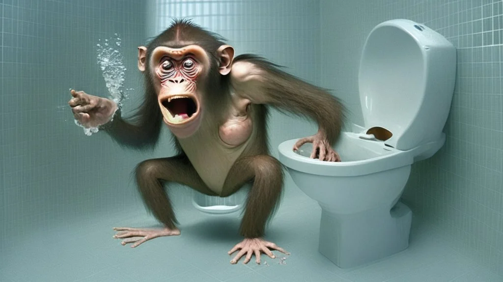 hybrid of human and chimp flushes toilet pointing at the noise